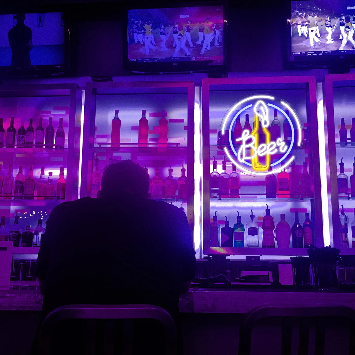 Beer – Ölflaska i rund ram – LED-ljusskylt (5 V USB)