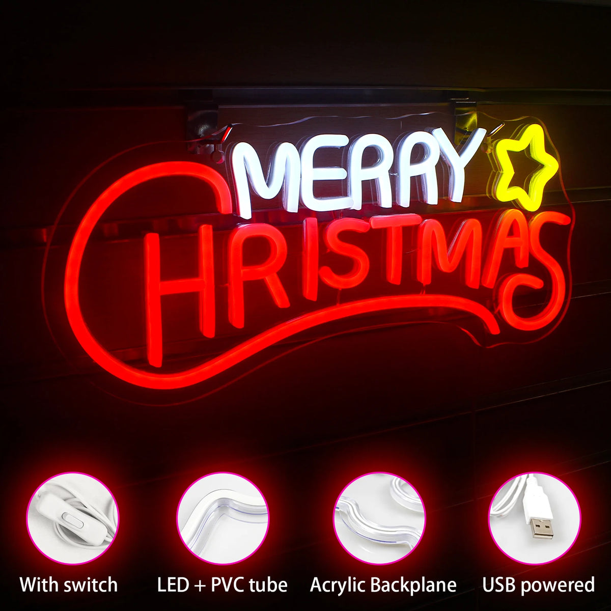 Merry Christmas – Stjärna – LED-neonskylt (5 V USB)