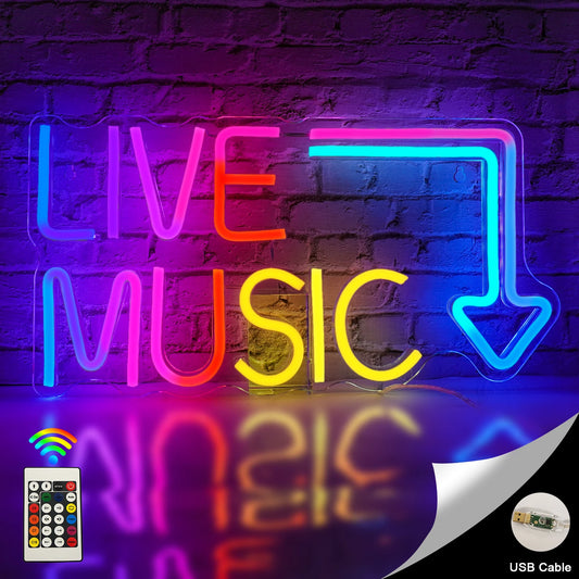 A vibrant LED neon sign displaying the phrase "Live Music" in a bold, artistic font.