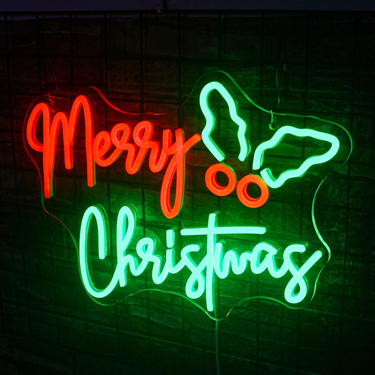 Merry Christmas – Julblad vid sidan – LED-neonskylt (5 V USB)