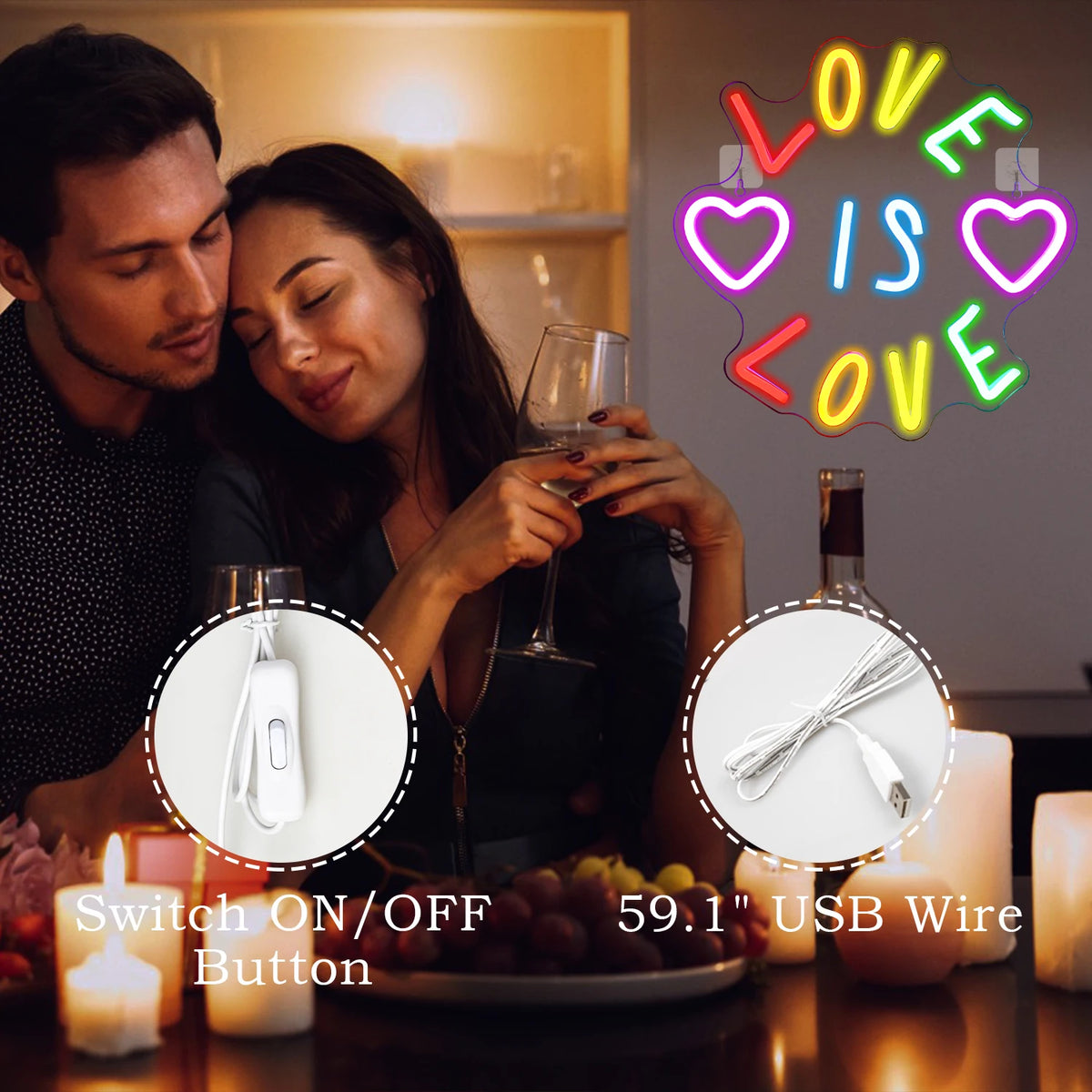 LOVE IS LOVE – Hjärtan och färgglada bokstäver – LED-neonskylt (5 V USB)