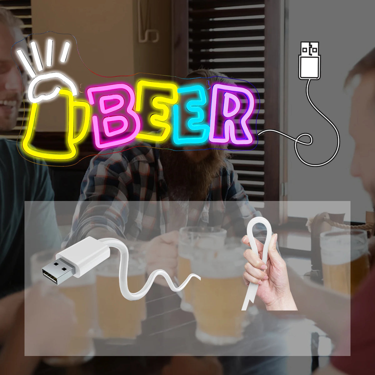 BEER – Ölsejdel och strålar – LED-ljusskylt (5 V USB)
