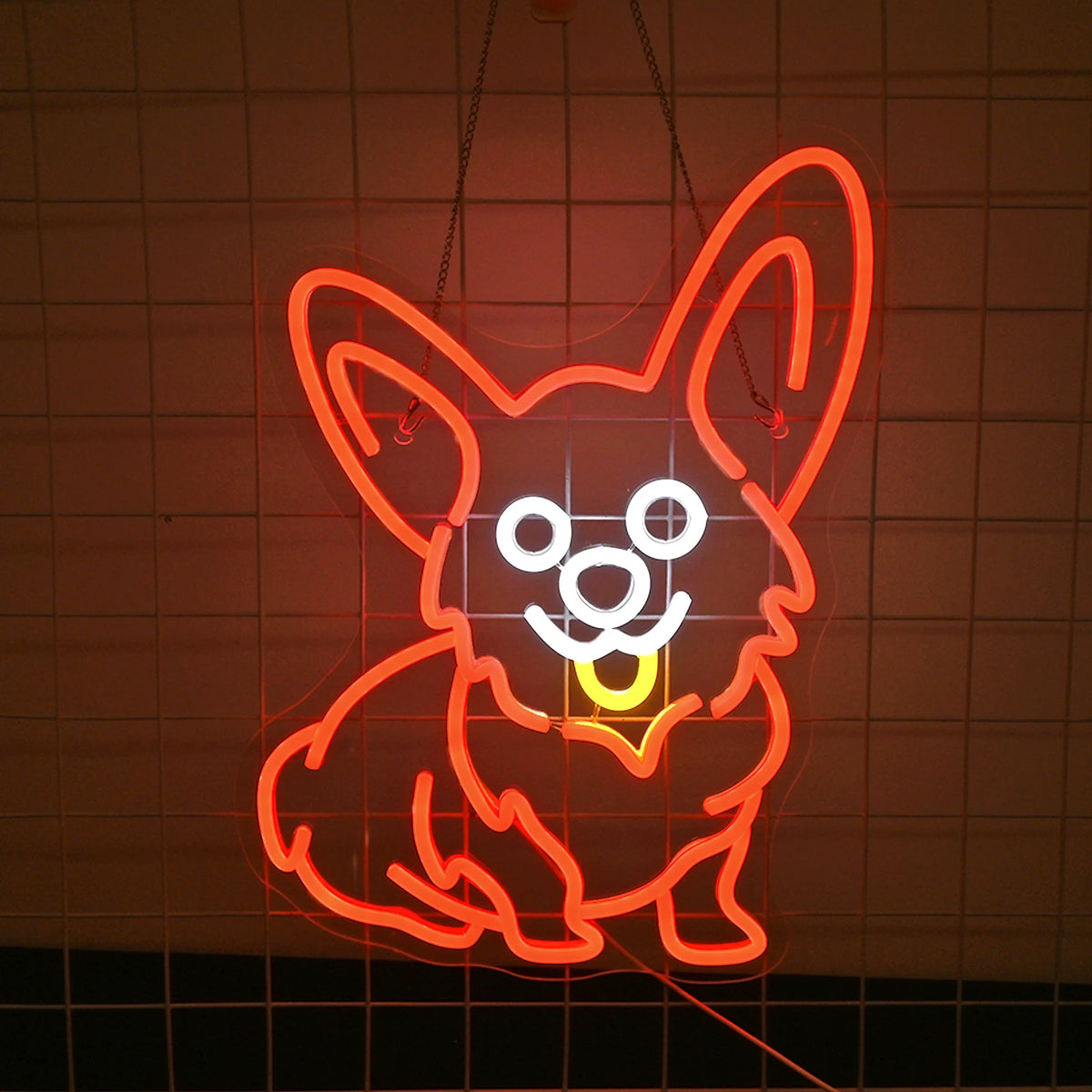 En ljus och levande röd LED-neonskylt som visar siluetten av en Corgi-hund.