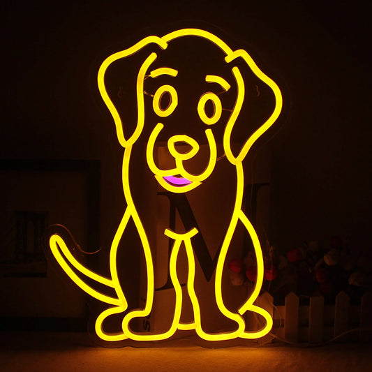 The image showcases a vibrant LED neon sign in the shape of a dog's silhouette.