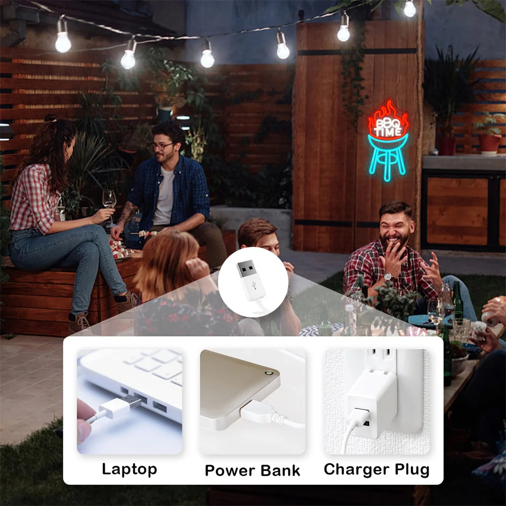 BBQ TIME – Flammande grill – LED-ljusskylt (5 V USB)