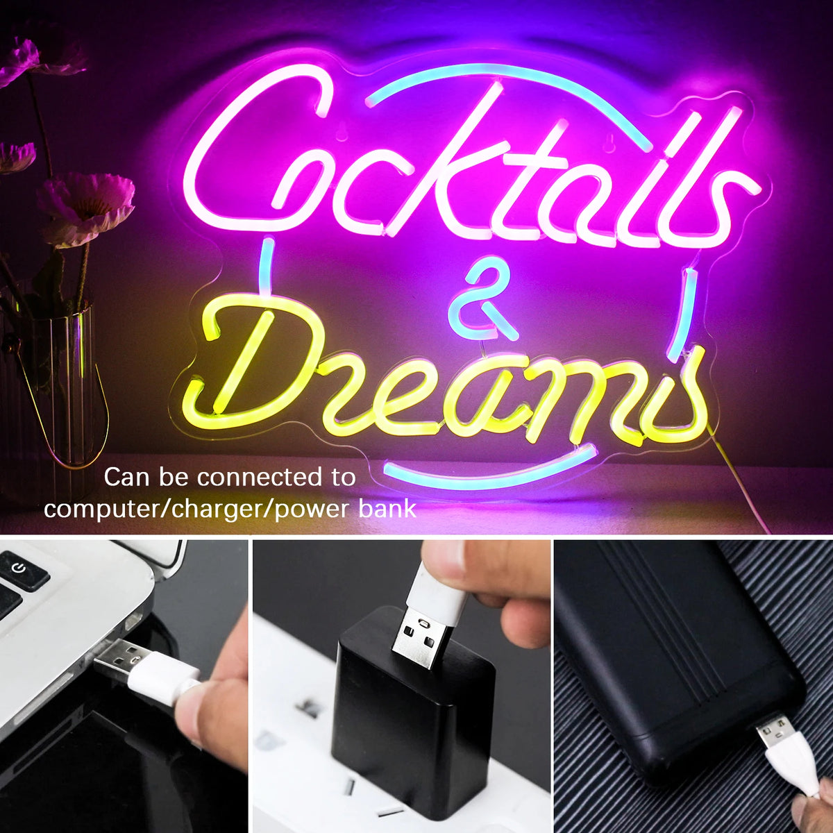 Cocktails Dreams – LED-neonskylt (5 V USB)