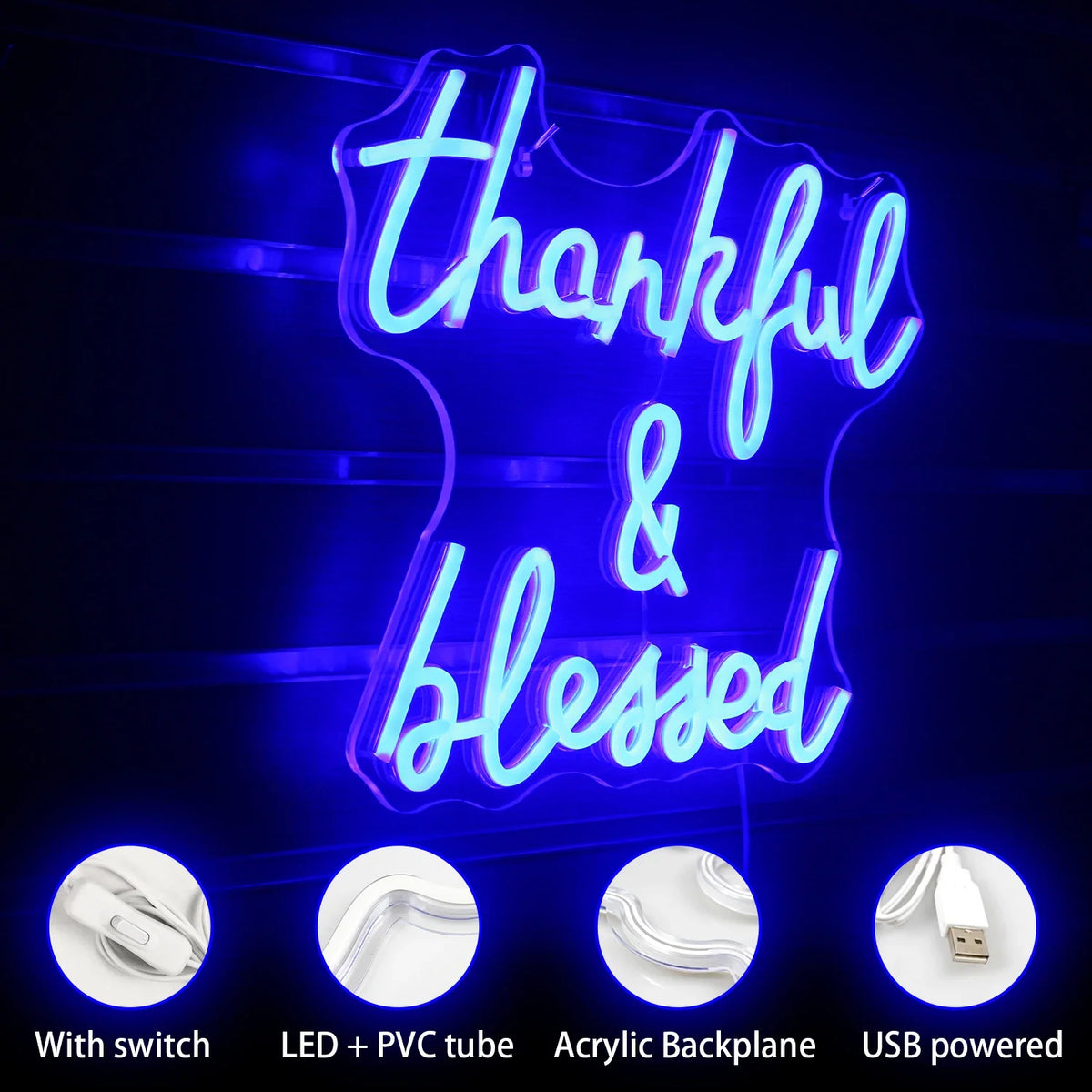 Thankful & Blessed – LED-neonskylt (5 V USB)