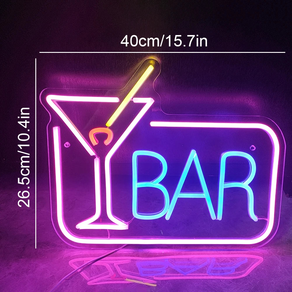 BAR – Cocktailglas och rektangulär kant – LED-ljusskylt (5 V USB)