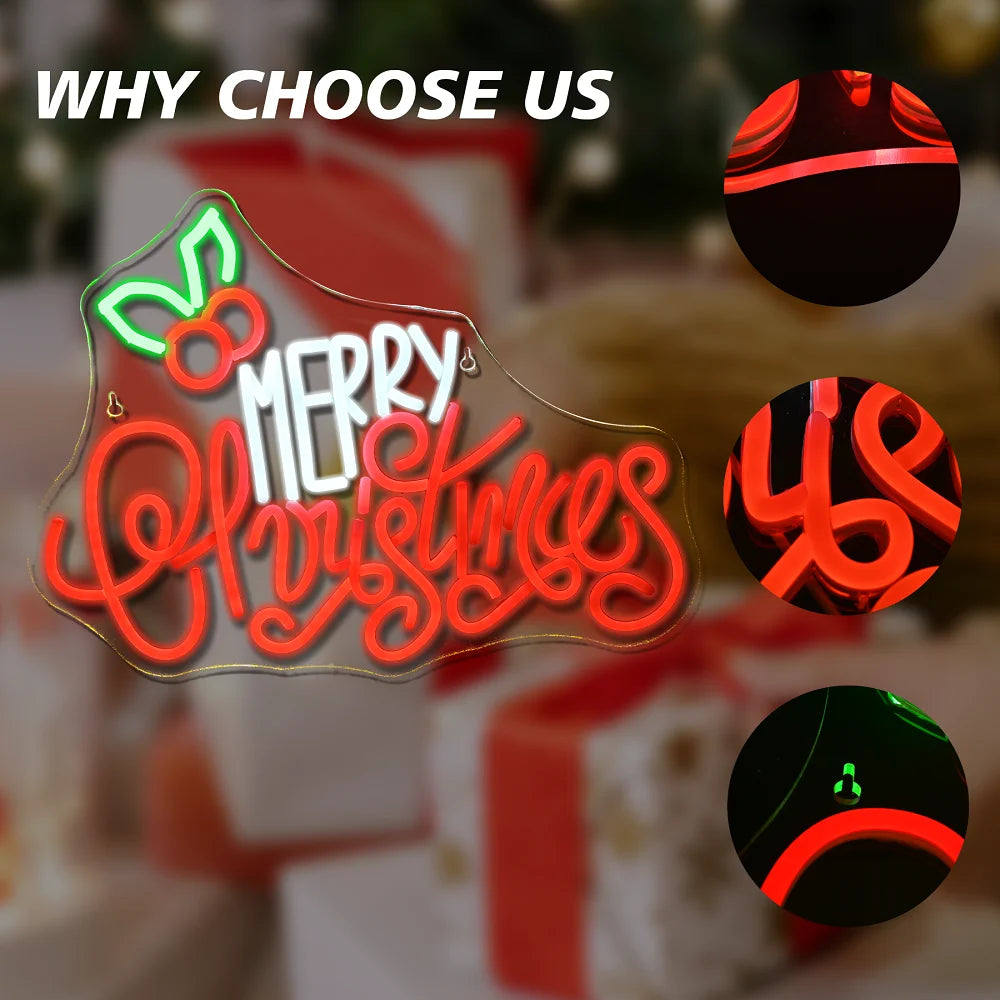 Merry Christmas – Julblad ovanför texten – LED-neonskylt (5 V USB)