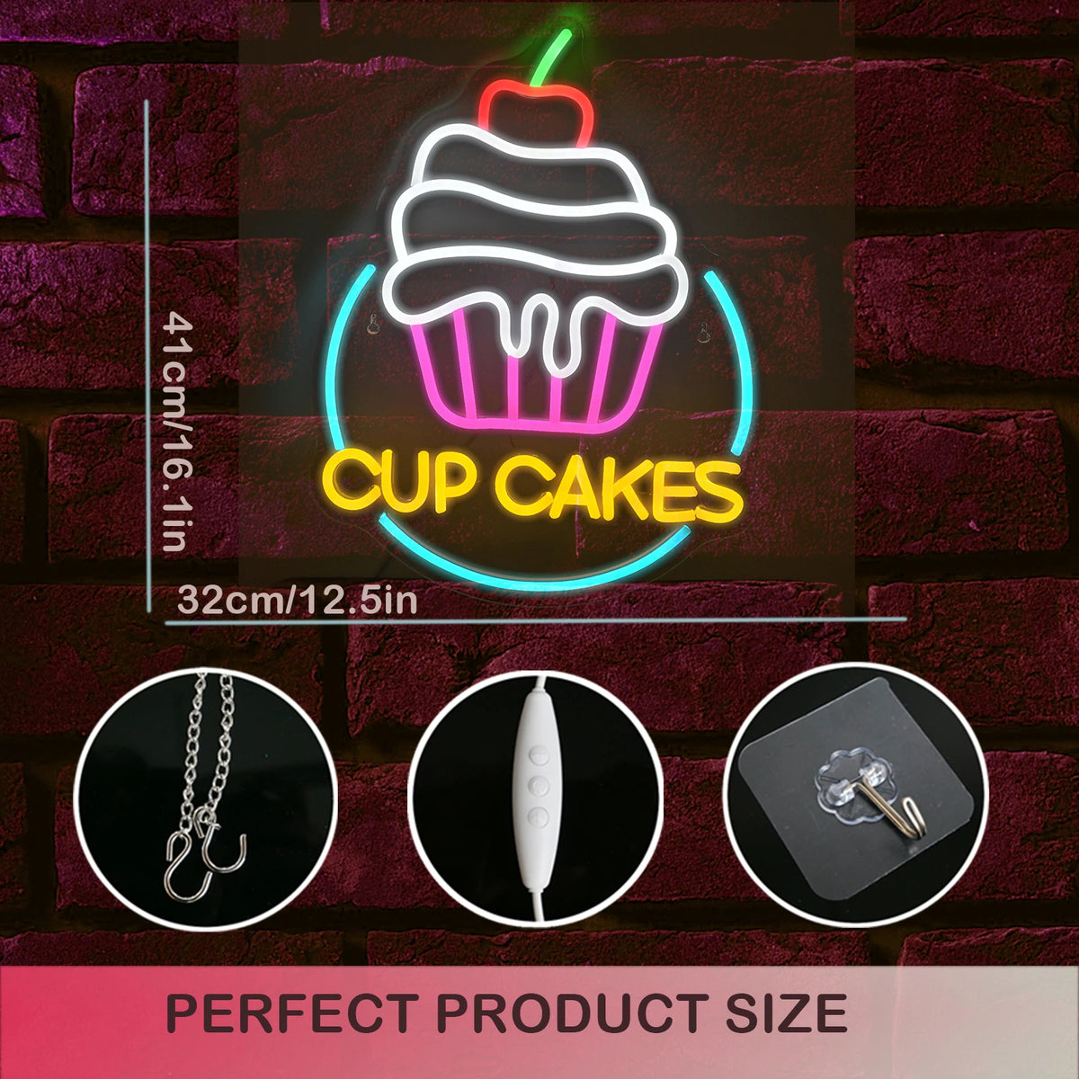 CUP CAKES – Cupcake med körsbär och rund ram – LED-ljusskylt (5 V USB)