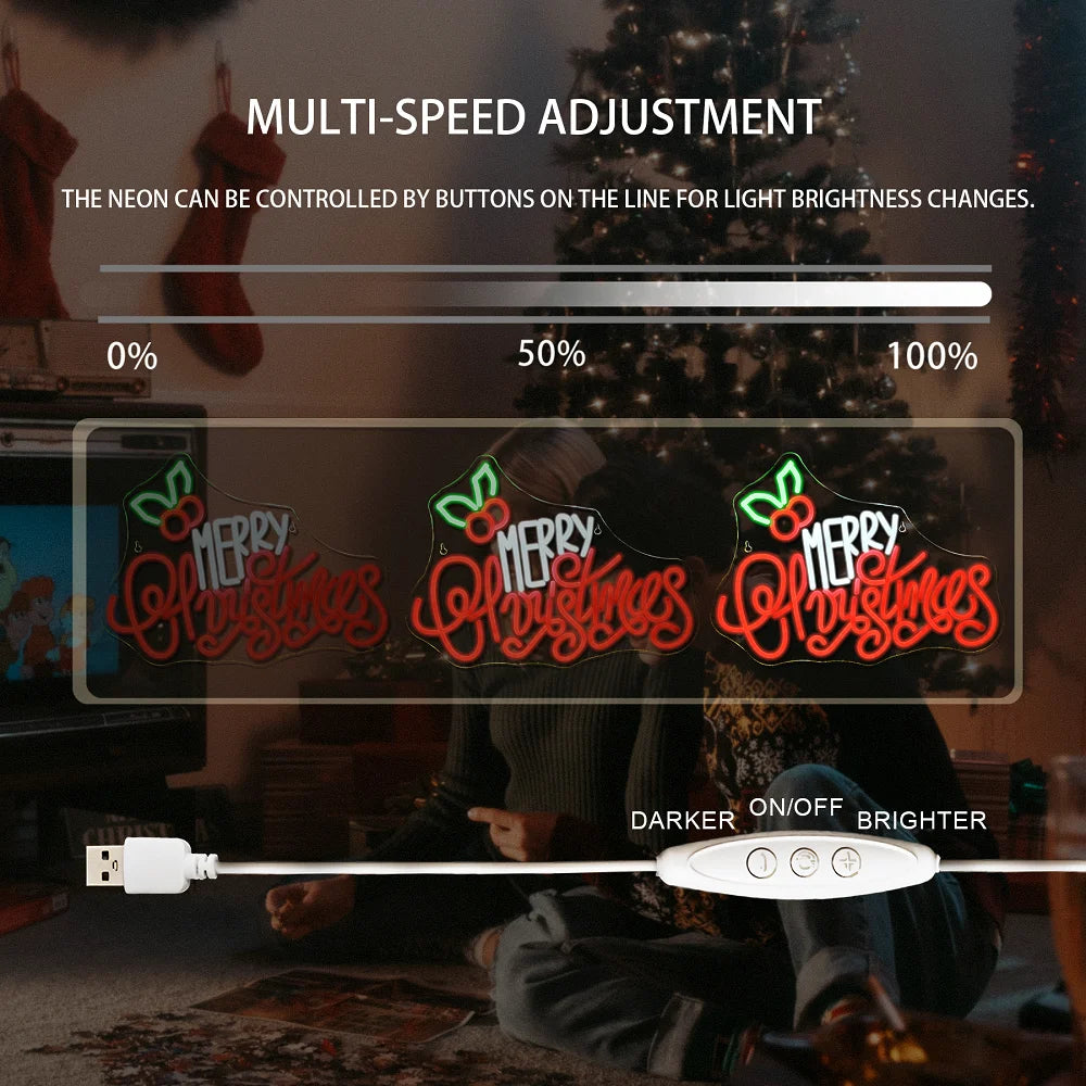Merry Christmas – Julblad ovanför texten – LED-neonskylt (5 V USB)