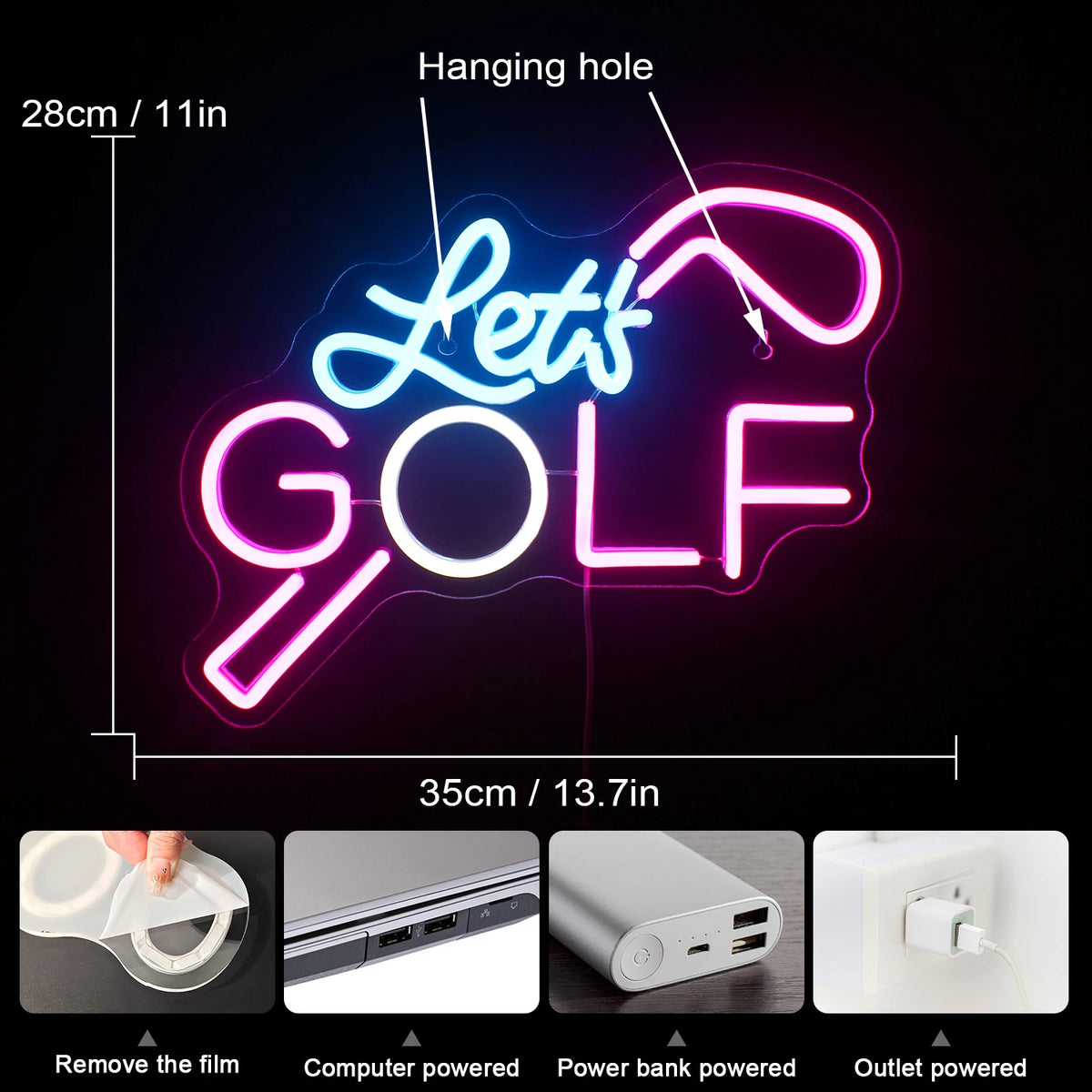 Let's GOLF – Golfklubba – LED-neonskylt (5 V USB)
