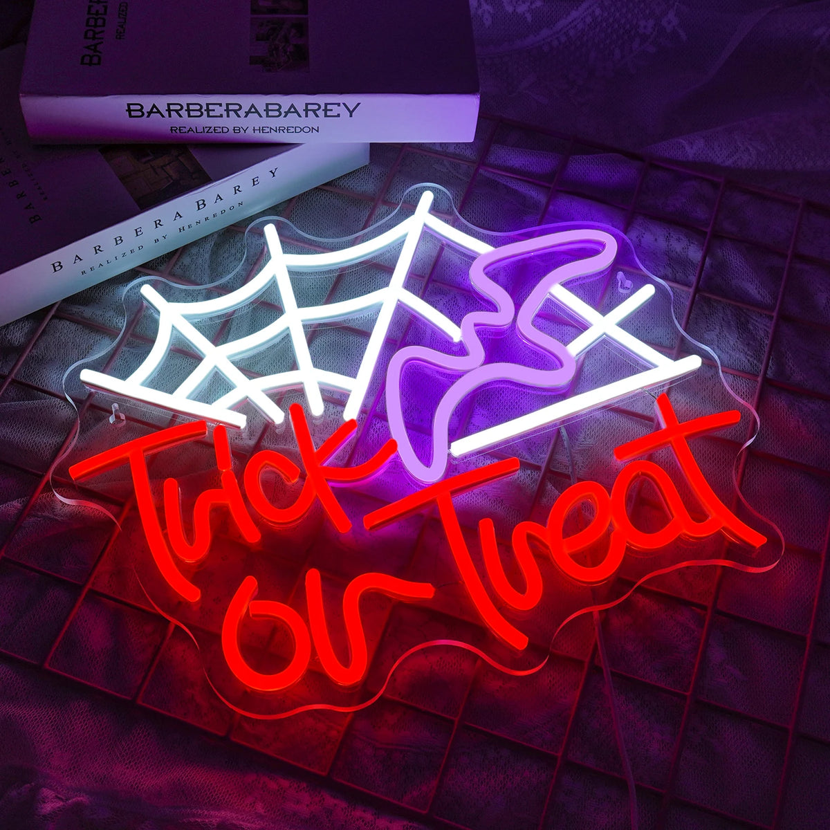 Trick or Treat – Spindelnät och häxhatt – LED-neonskylt (5 V USB)