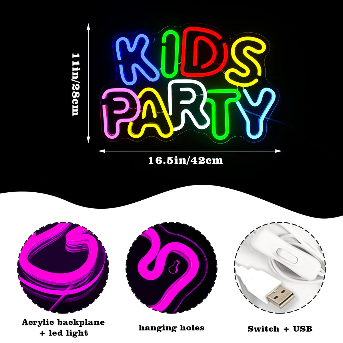 Kids Party – LED-neonskylt (5 V USB)