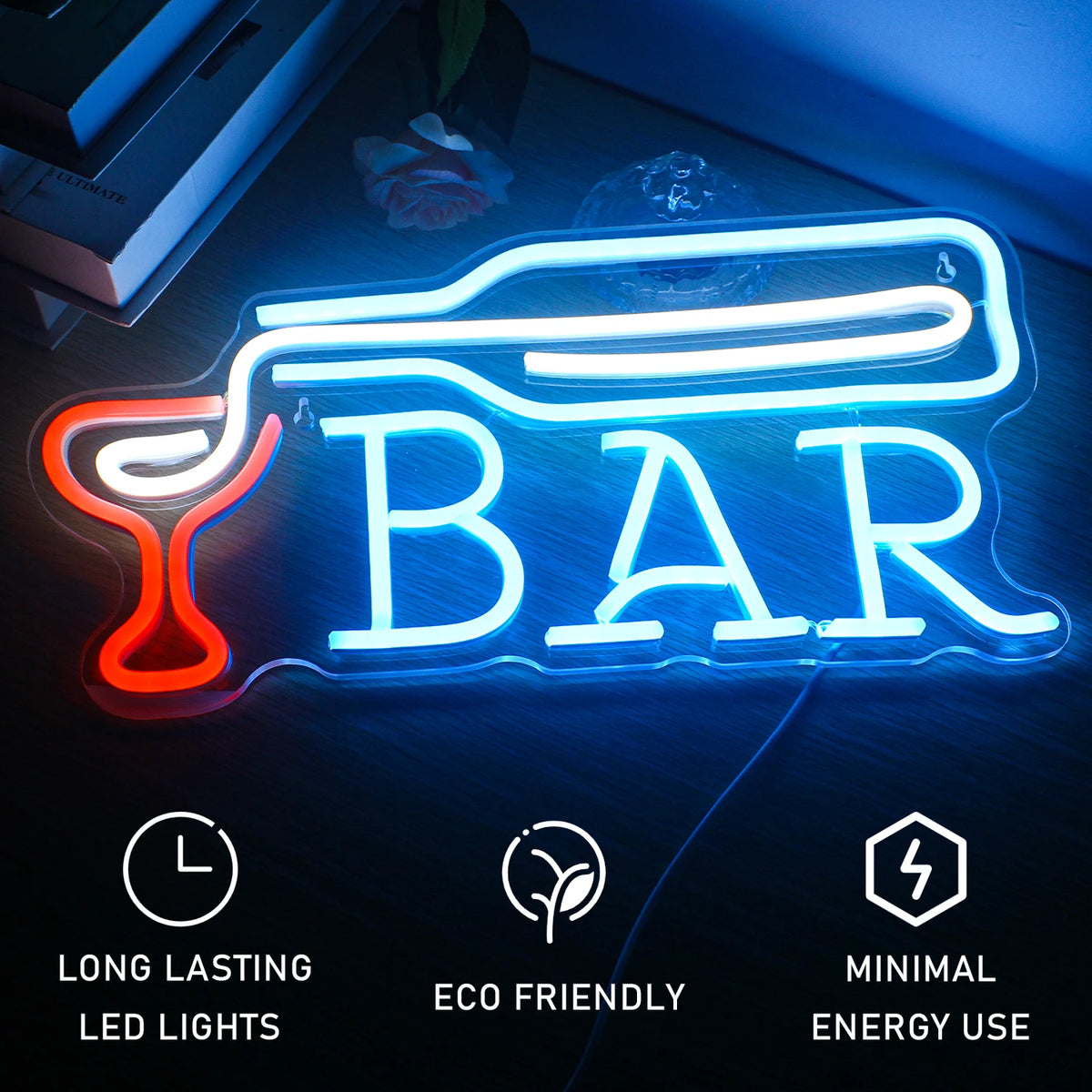 BAR – Vinflaska som häller i ett glas – LED-ljusskylt (5 V USB)