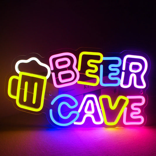 A vibrant LED neon sign depicting a stylized image of a beer mug.