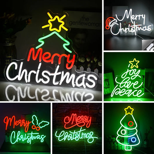 The image features a vibrant "Merry Christmas" LED neon sign, radiating a warm and festive glow.