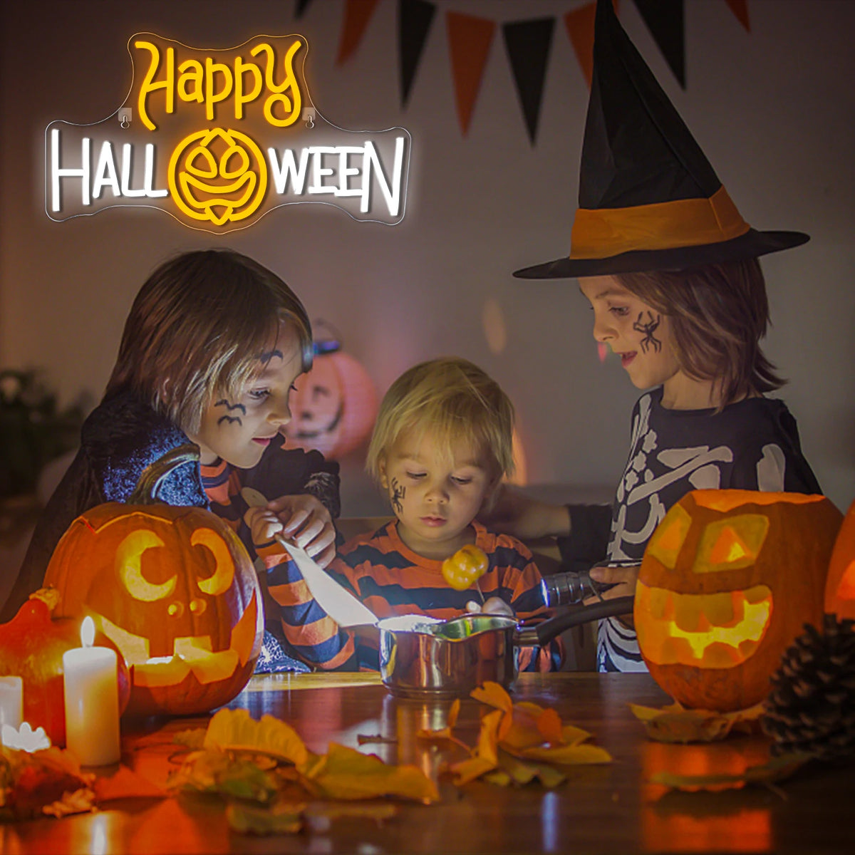 Happy Halloween – Pumpa i stället för O och spindelnät – LED-neonskylt (5 V USB)
