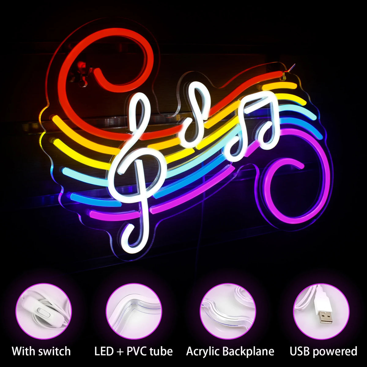Färgglada noter – LED-neonskylt (5 V USB)