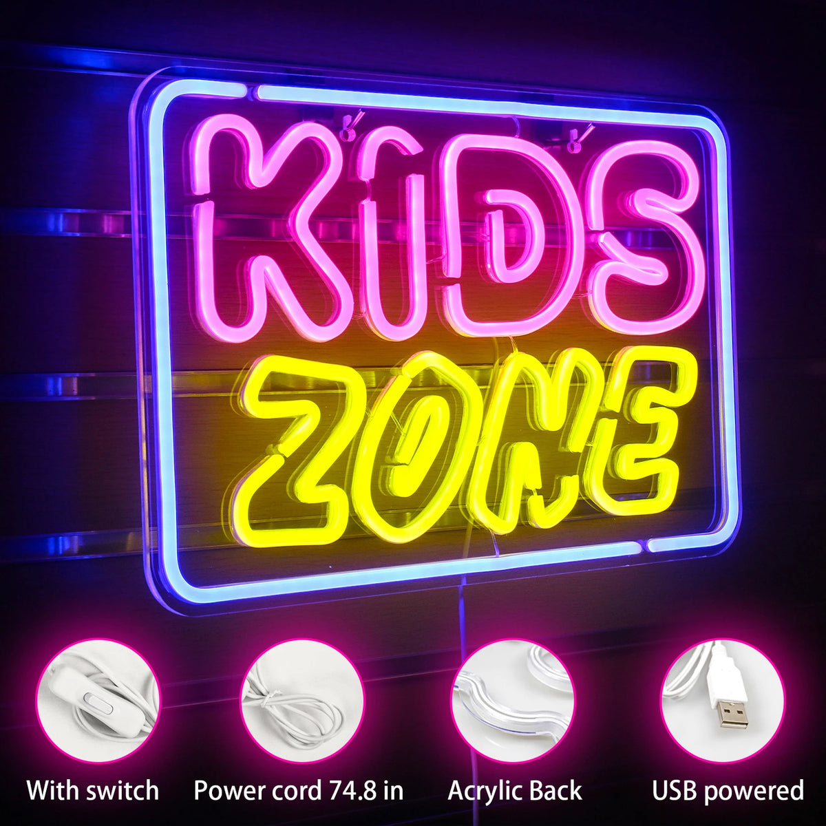 KIDS ZONE – Rektangulär ram – LED-neonskylt (5 V USB)