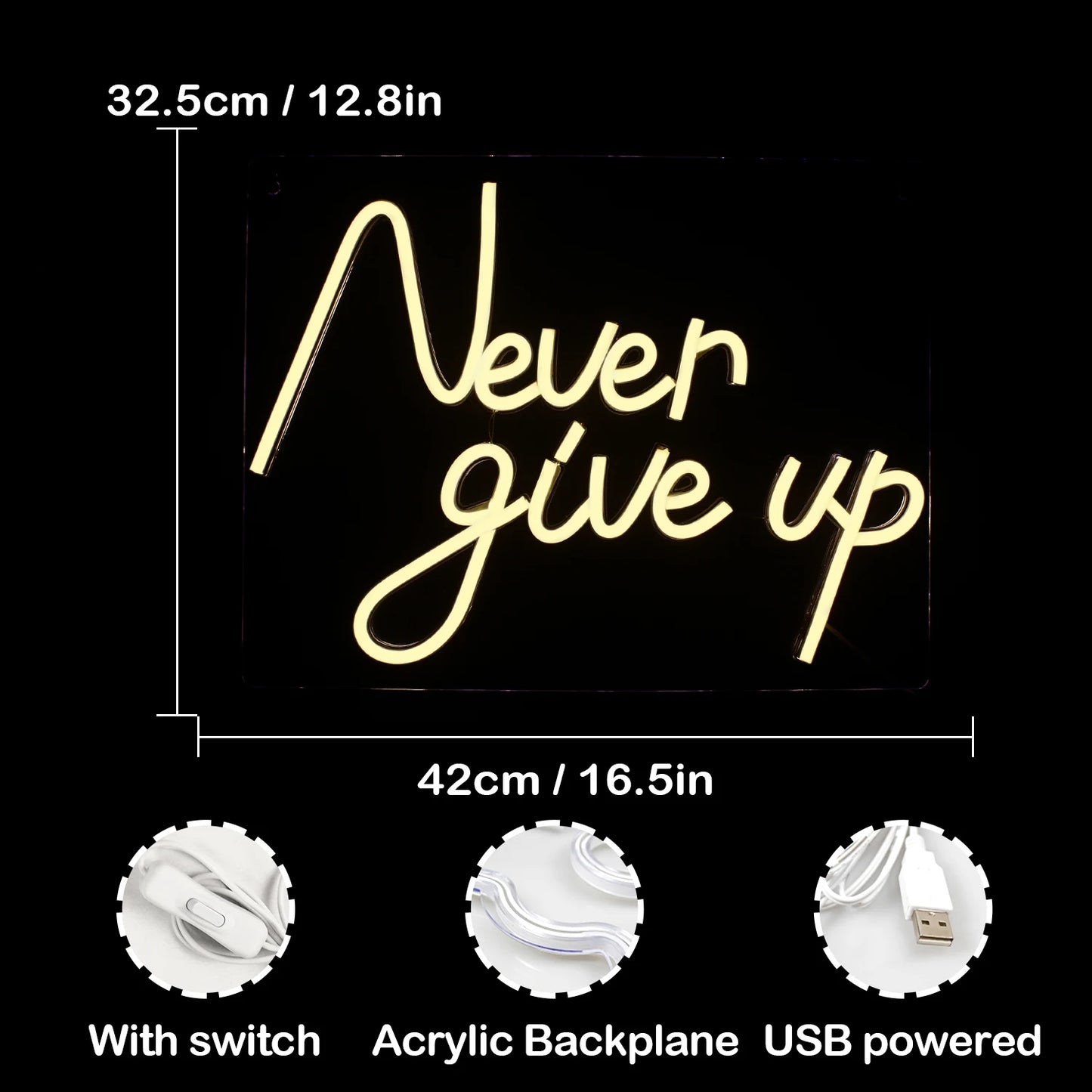 Never Give Up 5V USB LED Ljusskylt - Budgetvänlig