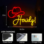 Howdy Cowboy Hat 5V USB LED Neon Sign - Budget Friendly