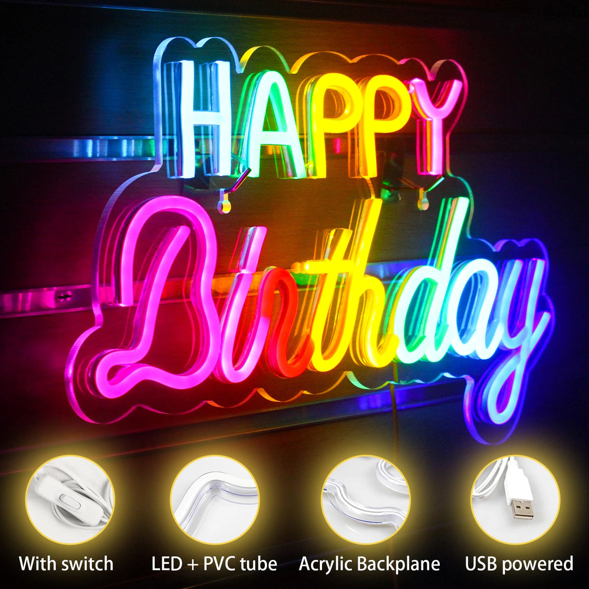Happy Birthday 5V USB LED Neon Sign - Budget Friendly