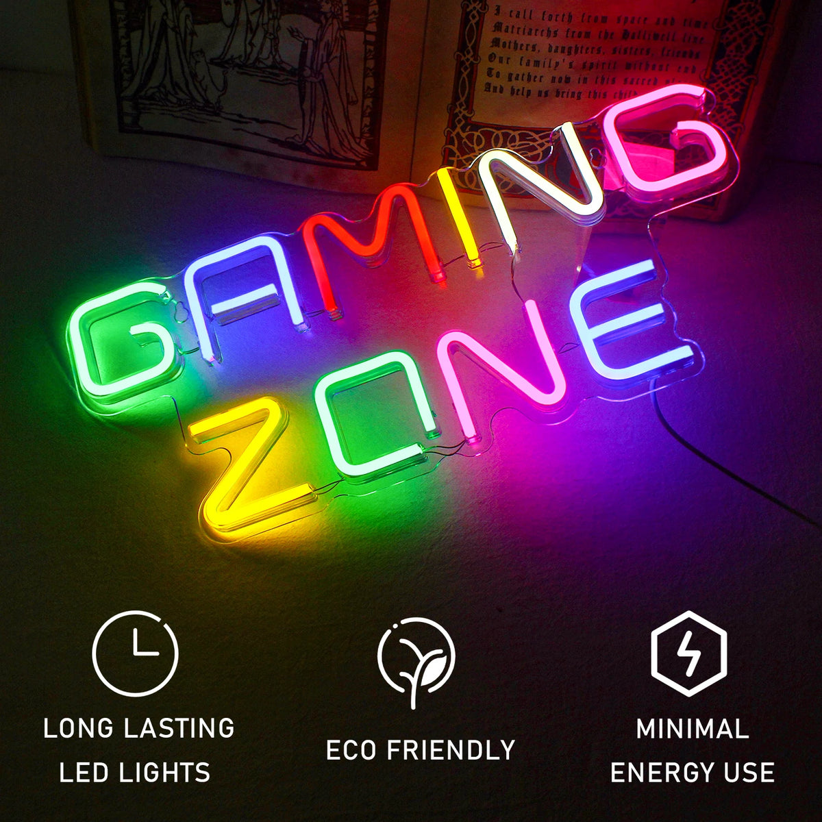 GAMING ZONE – Färgglada bokstäver – LED-neonskylt (5 V USB)