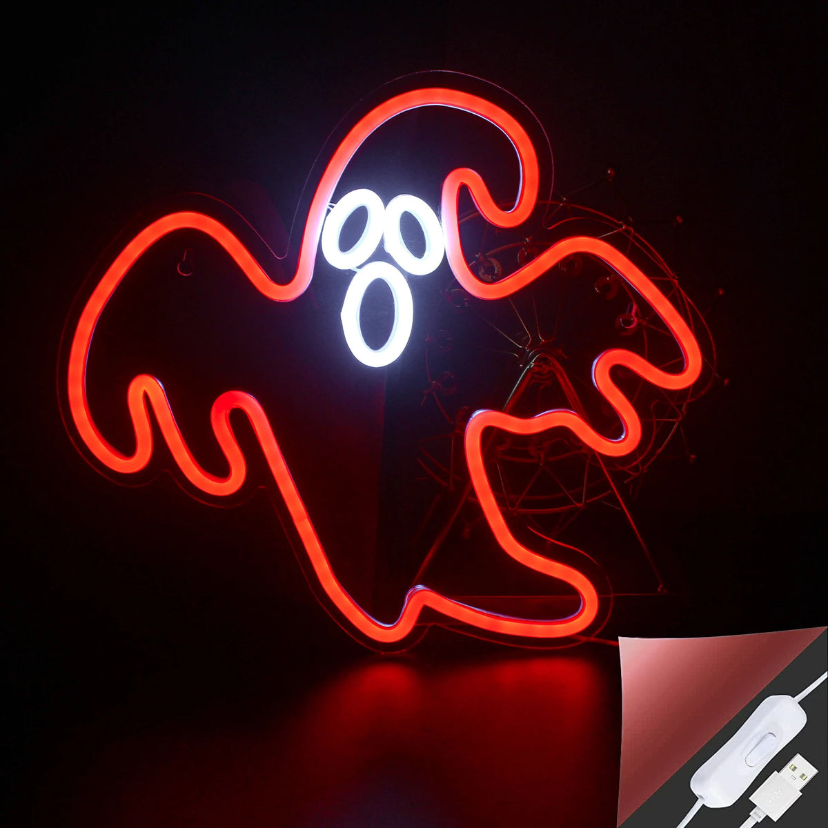 Bilden har en levande, handgjord LED-neonskylt designad speciellt för Halloween.
