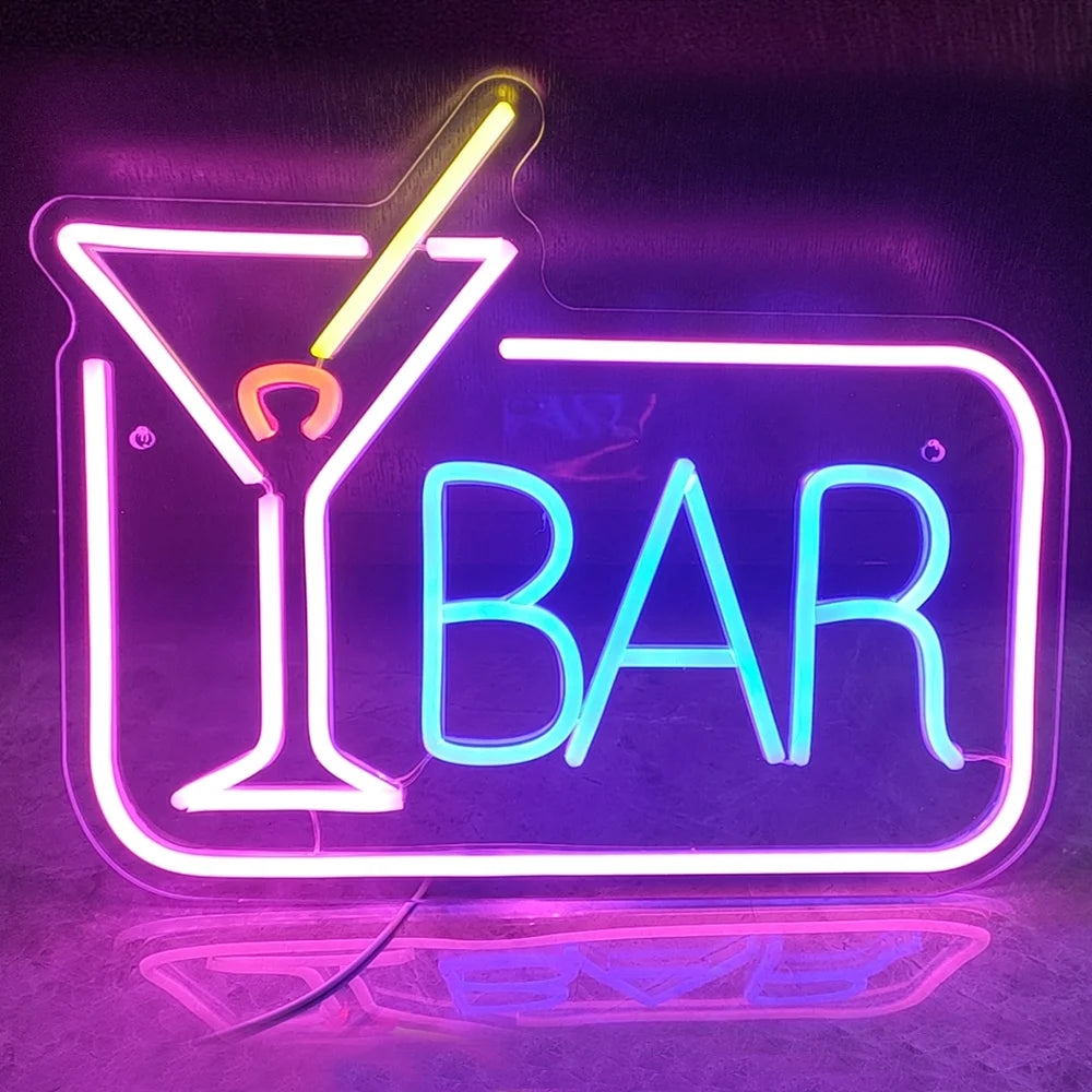BAR – Cocktailglas och rektangulär kant – LED-ljusskylt (5 V USB)
