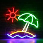 Bilden visar en levande LED-neonskylt med orden "Beach Sun.