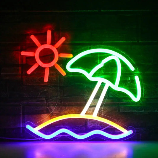 The image showcases a vibrant LED neon sign featuring the words "Beach Sun.