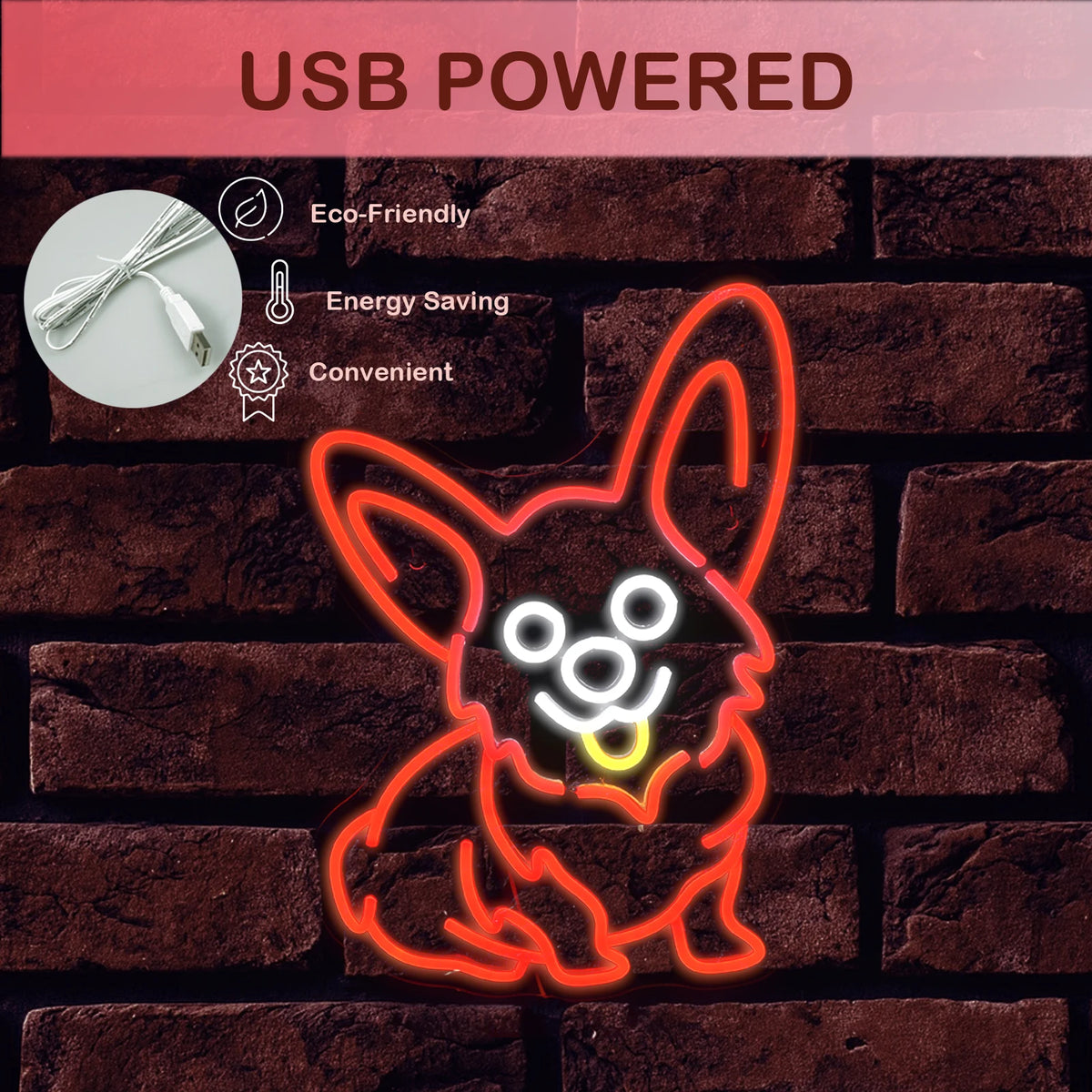Röd corgi – LED-neonskylt (5 V USB)