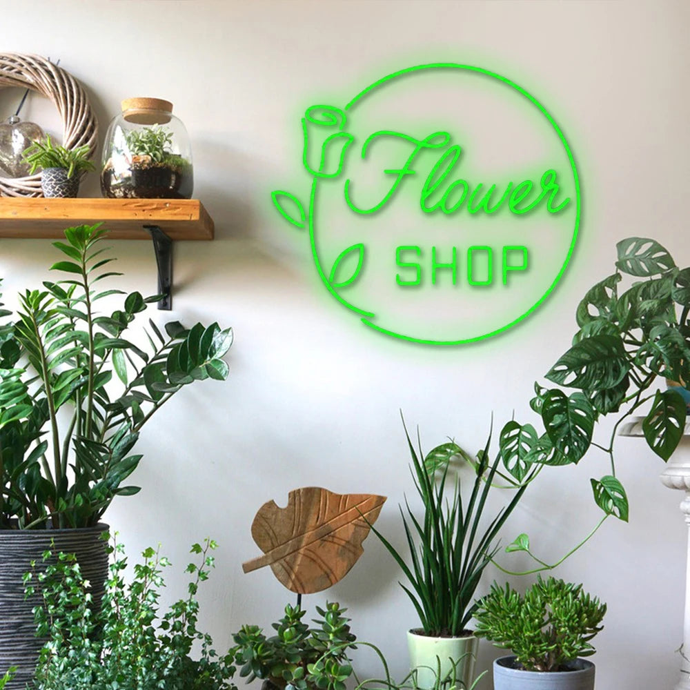 Flower SHOP – Ros och rund ram – LED-neonskylt (5 V USB)
