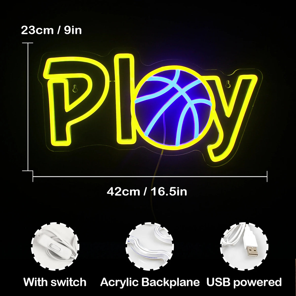 Play – Basketboll som ersätter A – LED-neonskylt (5 V USB)