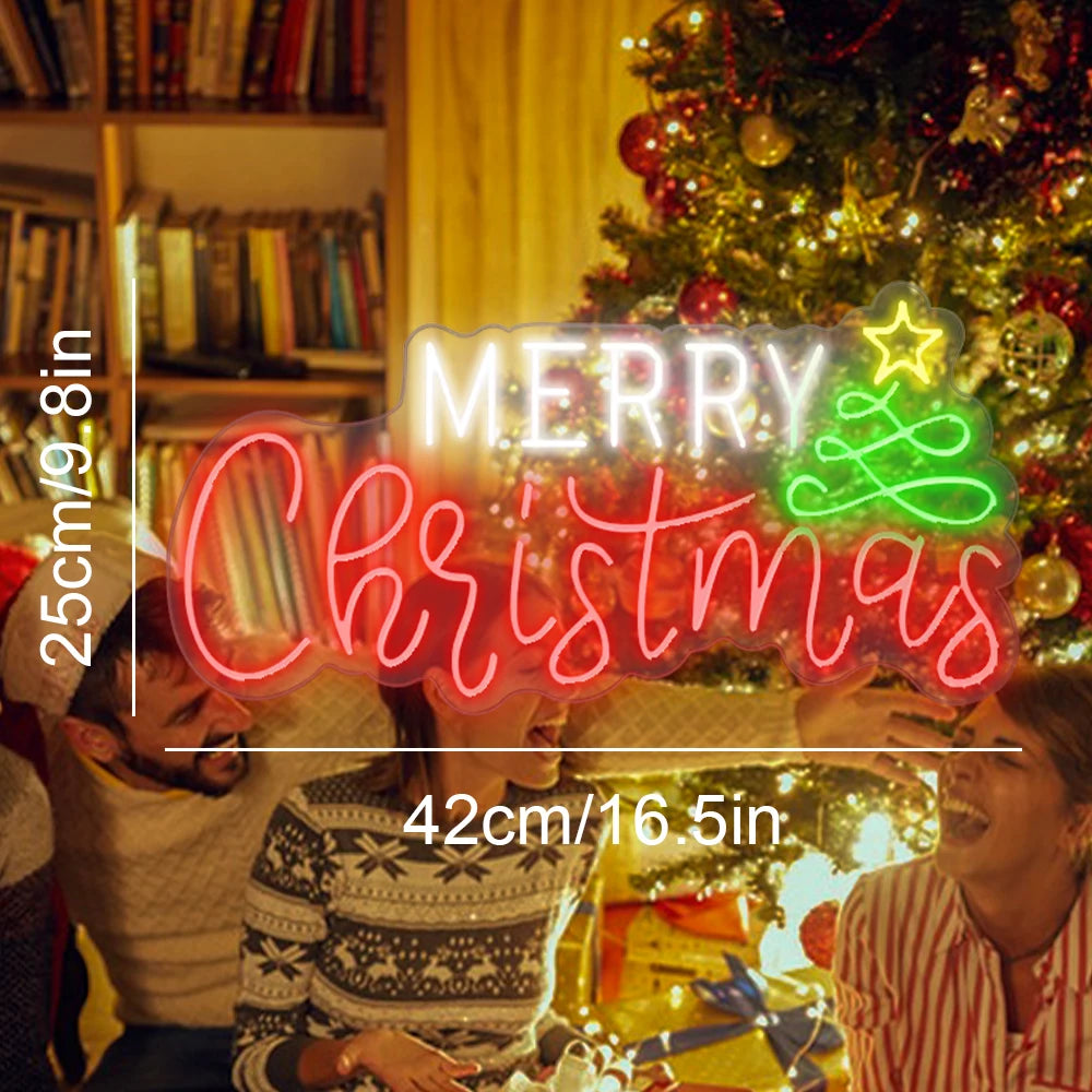 Merry Christmas – Julgran och stjärna – LED-neonskylt (5 V USB)