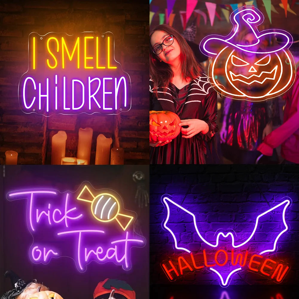 Bilden visar en levande LED-neonskylt som läser "Trick or Treat" med lekfulla, stiliserade bokstäver.