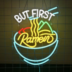 A vibrant LED neon sign shaped like a steaming bowl of ramen.