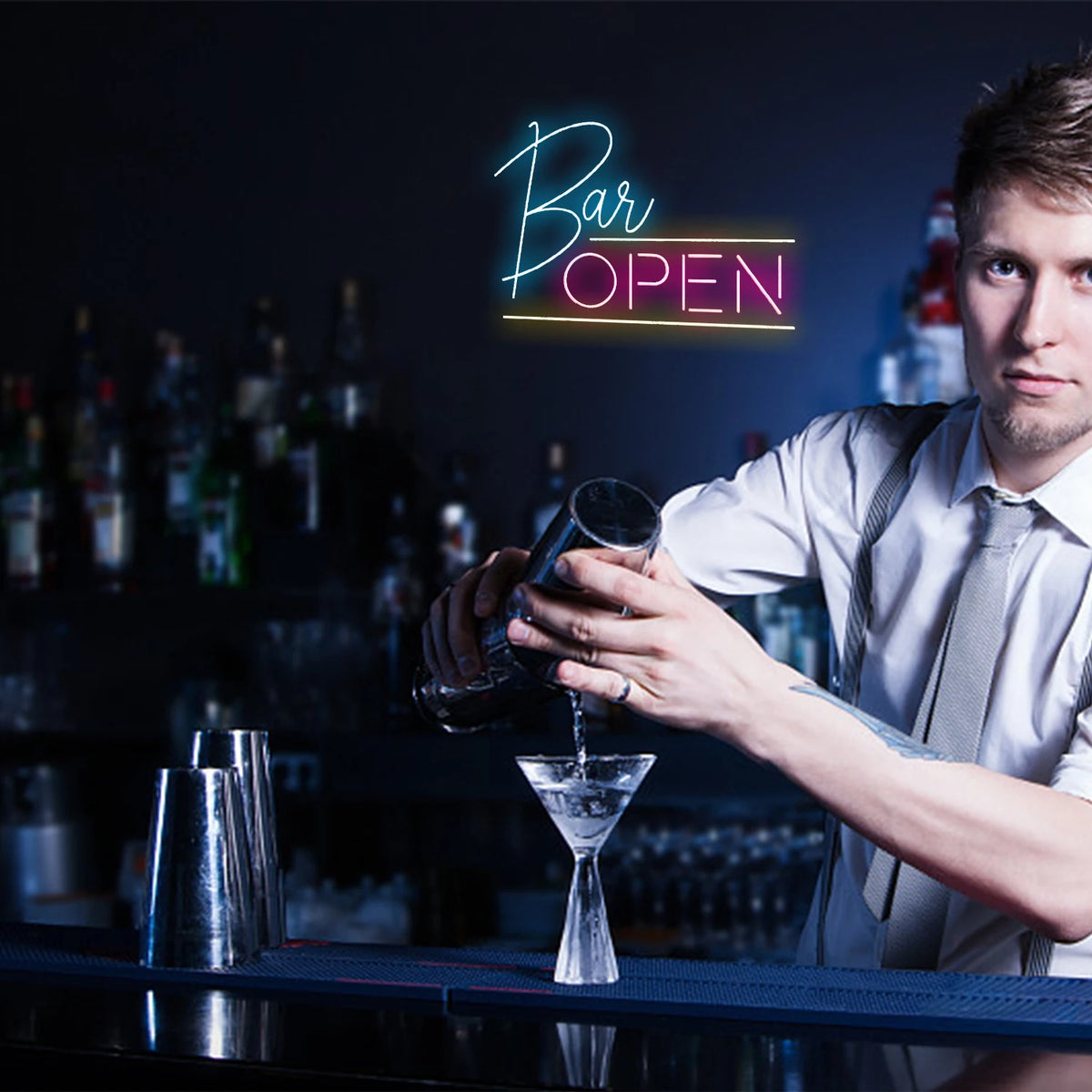 BAR OPEN – Vågräta linjer – LED-ljusskylt (5 V USB)