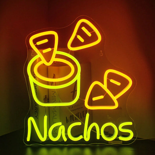 A vibrant LED neon sign designed to resemble a plate of nachos.