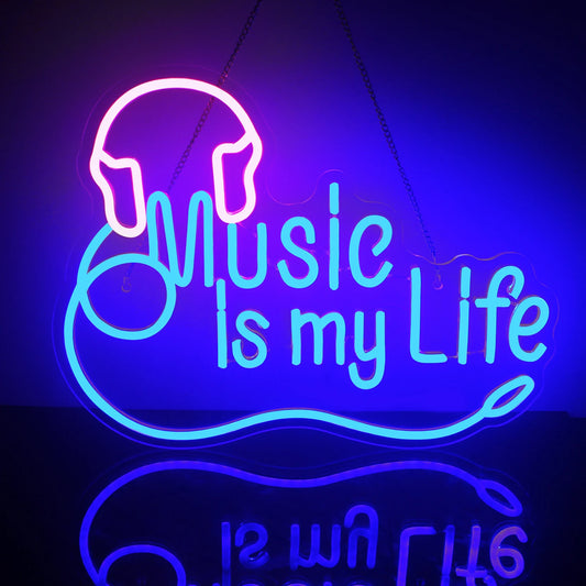 Bilden har en levande, handgjord LED-neonskylt som visar frasen "Music is My Life" med fetstilta bokstäver.