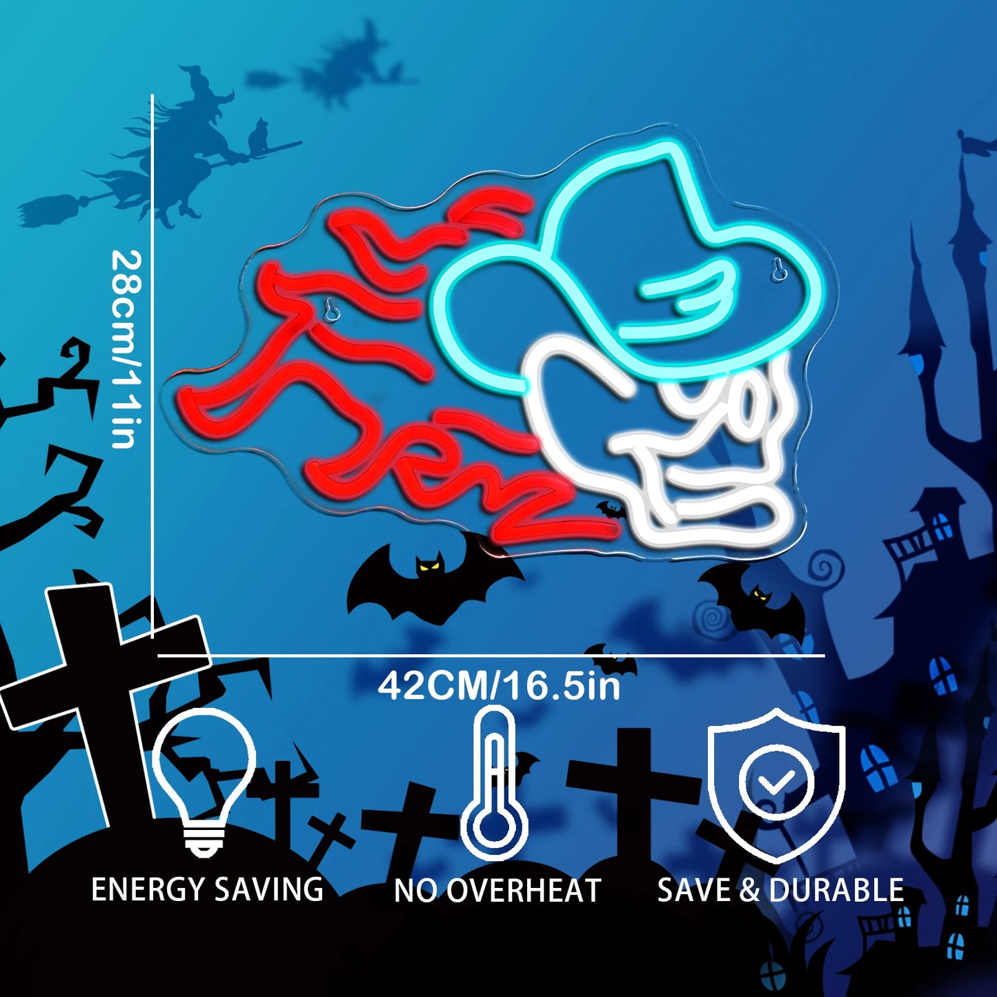 Cowboy Hat Fire Skull 5V USB LED Neon Sign - Budget Friendly
