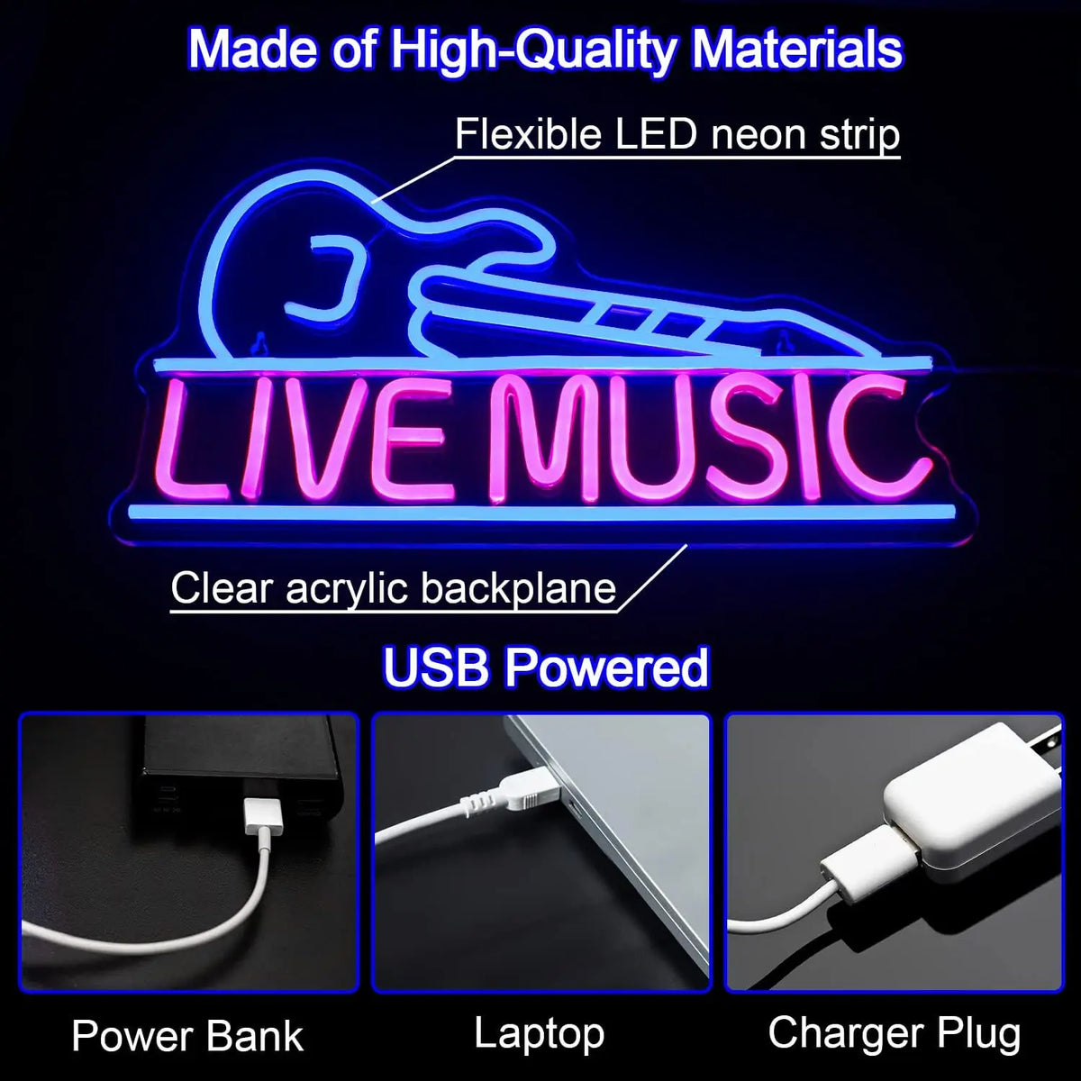 LIVE MUSIC – Gitarr – LED-neonskylt (5 V USB)
