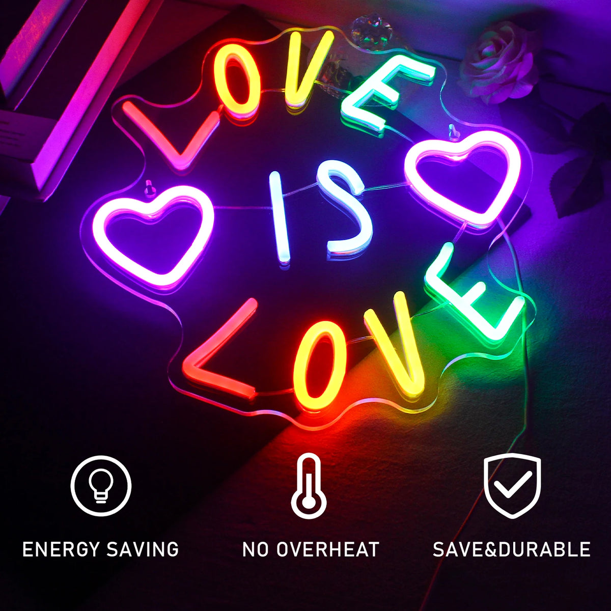 LOVE IS LOVE – Hjärtan och färgglada bokstäver – LED-neonskylt (5 V USB)