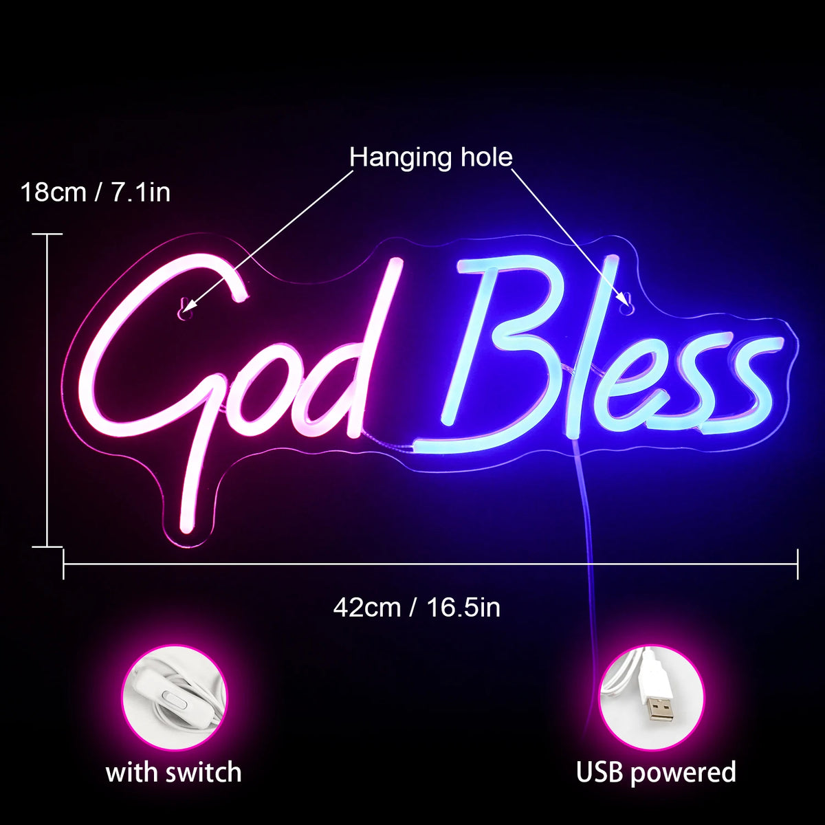 God Bless – LED-neonskylt (5 V USB)