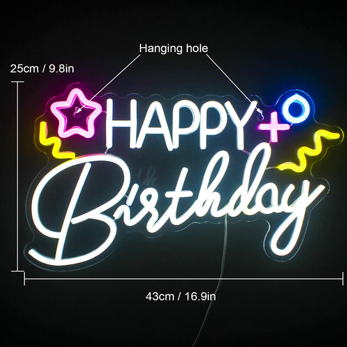 HAPPY Birthday – Stjärna och färgglada symboler – LED-neonskylt (5 V USB)