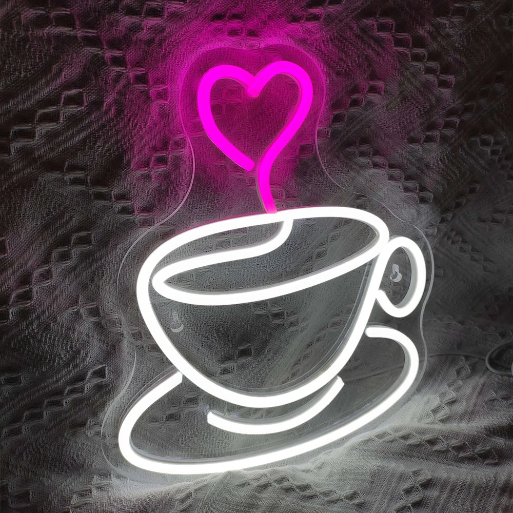 Kaffekopp och hjärta – LED-ljusskylt (5 V USB)