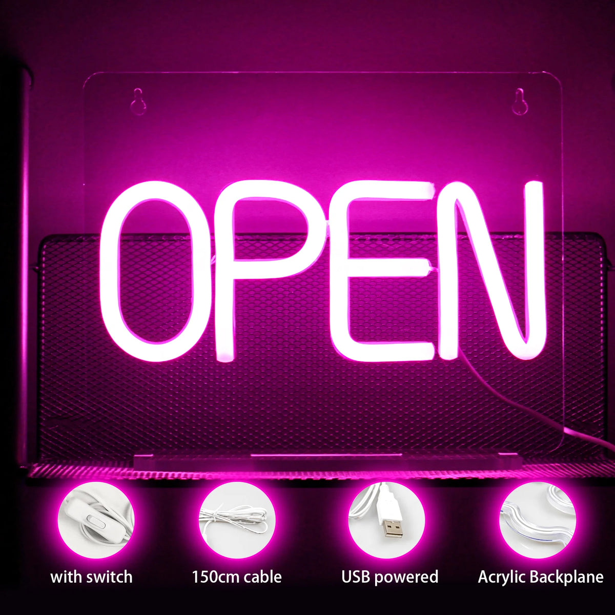 Open – Tydliga tryckbokstäver – LED-ljusskylt (5 V USB)