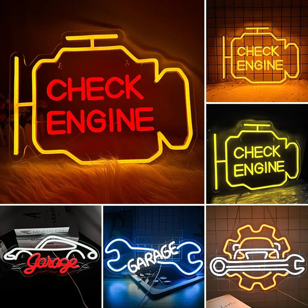 Bilden visar en levande LED-neonskylt i form av en "Check Engine"-symbol.