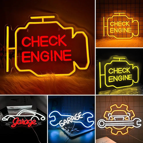 Bilden visar en levande LED-neonskylt i form av en "Check Engine"-symbol.